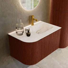 Mondiaz Kurve-dlux 75cm badmeubel ronding links ruby met 1 lade en deur en wastafel grunne kraangat rechts frappe