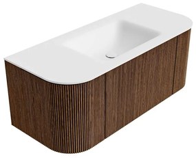 Mondiaz Kurve 110cm badmeubel ronding links/rechts walnut met 1 lade en 2 deuren en wastafel cloud midden zonder kraangat