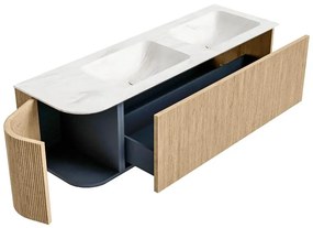 Mondiaz Kurve-dlux 145cm badmeubel ronding links oak met 1 lade en deur en wastafel leaf dubbel/rechts 2 kraangaten ostra