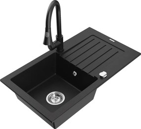 Mexen Pablo granieten spoelbak 1-komors met afdruiprek en keukenmengkraan Elia, zwart - 6510-77-670101-70