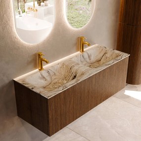 Mondiaz Kurve-dlux 120cm badmeubel dusk met 1 lade en wastafel leaf dubbel 2 kraangaten glace