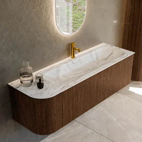 Mondiaz Kurve-dlux 145cm badmeubel ronding links walnut met 1 lade en deur en wastafel big large kraangat rechts glace