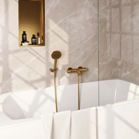 Brauer Gold Carving thermostatische badkraan met wandhouder en 3 standen handdouche geborsteld messing PVD