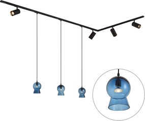 Modern railsysteem zwart met 4 spots en 3 hanglampen blauw 1-fase - Iconic Bell Jeana Luxe