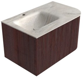 Mondiaz Kurve-dlux 75cm badmeubel ronding rechts ruby met 1 lade en deur en wastafel grunne kraangat links ostra