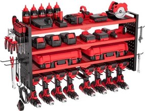 VEVOR Tool Storage Wall Mount, 4-laags opbergrek met 8 boorhouders, gereedschapshouder met zijvakken, gereedschapsorganizer voor garage, werkbank en werkplaats, rood