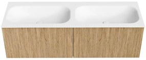Mondiaz Kurve 140cm badmeubel oak met 2 lades en wastafel big small dubbel 2 kraangaten