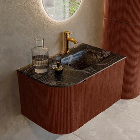 Mondiaz Kurve-dlux 75cm badmeubel ronding links ruby met 1 lade en deur en wastafel grunne kraangat rechts lava