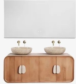 Dubbel Zwevend Badkamermeubelset 130x45 Cm Van Mangohout En Natuurlijke Kivalina-steen Rectangular Led And Antifog 140x75 Cm Riben & 2 X Orveta Gebors
