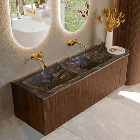 Mondiaz Kurve-dlux 145cm badmeubel ronding rechts walnut met 1 lade en deur en wastafel leaf dubbel/links zonder kraangat lava