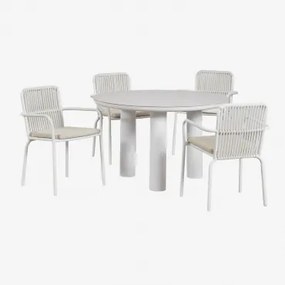 Arken Ronde Tafelset, Ø120, Van Keramiek En Aluminium, En 4 Alberta Aluminium Eetkamerstoelen Met Armleuningen. Beige – Crème - Sklum