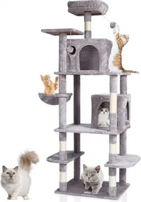 VEVOR Kattenboom voor binnenkatten, 173,5 cm kattentoren met 2 kattenhuizen, sisal krabpaal, hangmat, zitstok bovenaan, springplatforms, groot kattenmeubel, activiteitencentrum met hangende bal, lichtgrijs