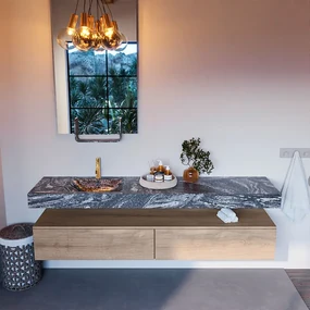 Mondiaz Alan DLux badmeubel 200cm washed oak 2 lades met wastafel lava links 1 kraangat