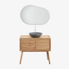 Badkamermeubelset 90x45 Cm In Hout Deleyna Natuurlijk Hout & Rond Grijs Cement Ø40 Cm Tarsis & Ovaal Led En Anticondens 100x80 Cm Riben & Wit ↑30 Cm M