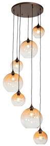 Art Deco hanglamp donkerbrons met amber glas 7-lichts - Sandra