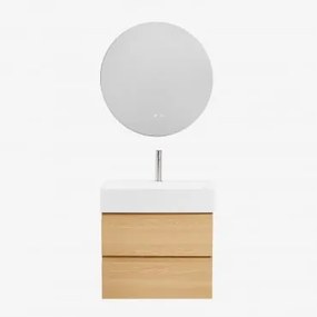 Badkamermeubelset Van Hout En Essenhoutfineer Met Geïntegreerde Wastafel Ona Natuurlijk Hout & Round Led And Antifog Ø70 Cm Solyn & - Sklum