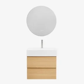 Badkamermeubelset Van Hout En Essenhoutfineer Met Geïntegreerde Wastafel Ona Natuurlijk Hout & Round Led And Antifog Ø70 Cm Solyn & - Sklum