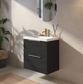 Saqu Lima ondiep badmeubel incl. glans witte wastafel 60x40x64cm eiken zwart – messing greep