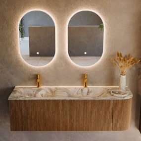 Mondiaz Kurve-dlux 145cm badmeubel ronding rechts dusk met 1 lade en deur en wastafel leaf dubbel/links 2 kraangaten glace
