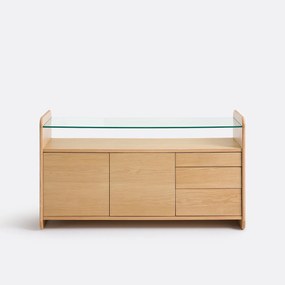Eiken fineer dressoir, blad van gehard glas, 2 deuren en 3 lades, ERICSON