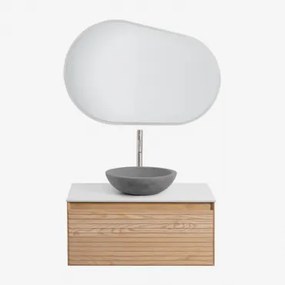 Tedrik Zwevend Badkamermeubelset 80x50 Cm In Essenhout Ash Brown & Rond Grijs Cement Ø40 Cm Tarsis & Ovaal Led En Anticondens 100x80 Cm Riben - Sklum