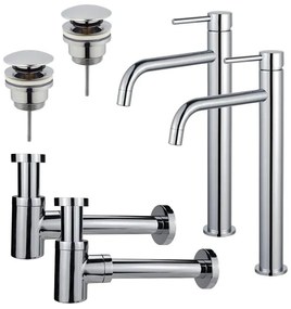 Fortifura Calvi Slim Wastafelkraanset - voor dubbele wastafel - verhoogde wastafelkraan - klikwaste plug - verlaagde design sifon - Chroom 2x SW377813/2x SW696203/2x SW696219