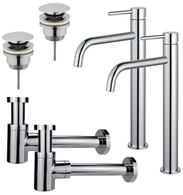 Fortifura Calvi Slim Wastafelkraanset - voor dubbele wastafel - verhoogde wastafelkraan - klikwaste plug - verlaagde design sifon - Chroom 2x SW377813/2x SW696203/2x SW696219