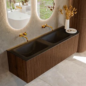 Mondiaz Kurve 145cm badmeubel ronding rechts walnut met 1 lade en deur en wastafel cloud dubbel/links zonder kraangat urban