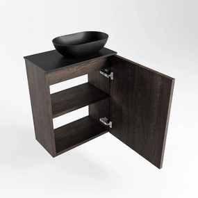 Mondiaz Fowy toiletmeubel 40cm dark brown met zwarte waskom rechts en kraangat