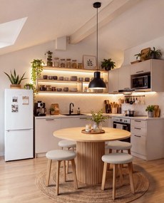 Mazzoni ZOI Lichtbeige (stof Storm 04)/eiken onderstel - RONDE GESTOFFEERDE KRUK VOOR KEUKEN/WOONKAMER