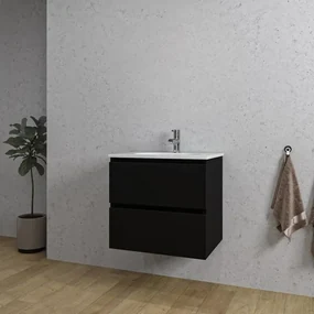 Adema Chaci Badkamermeubelset - 60x46x57cm - 1 ovale keramische wasbak wit - 1 kraangat - 2 lades - mat zwart SW1212760/SW718716