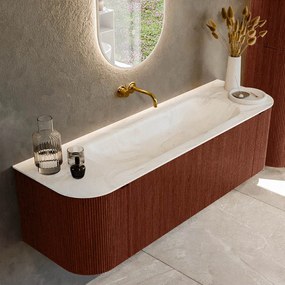 Mondiaz Kurve-dlux 150cm badmeubel ronding links/rechts ruby met 1 lade en 2 deuren en wastafel big medium midden zonder kraangat ostra