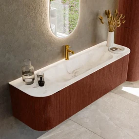 Mondiaz Kurve-dlux 160cm badmeubel ronding links/rechts ruby met 1 lade en 2 deuren en wastafel big medium midden 1 kraangat frappe