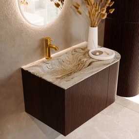 Mondiaz Kurve-dlux 75cm badmeubel ronding rechts ruby met 1 lade en deur en wastafel grunne kraangat links glace