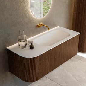 Mondiaz Kurve 115cm badmeubel ronding links walnut met 1 lade en deur en wastafel big small rechts zonder kraangat