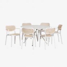 Set Van Ronde Aluminium Tafel (ø126 Cm) Valerie En 6 Tuinstoelen Met Armleuningen Omara Gardenia Wit - Sklum