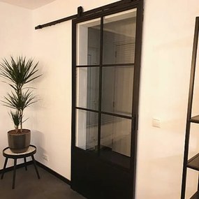 Stalen Schuifdeur - 4-vaks Met Helder Glas - Zwart - Incl. Rails