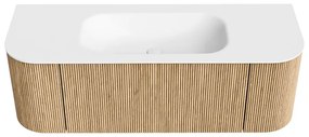 Mondiaz Kurve 130cm badmeubel ronding links/rechts oak met 1 lade en 2 deuren en wastafel big small midden zonder kraangat