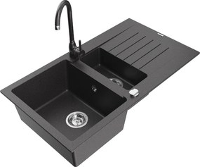 Mexen Matias granieten spoelbak 1,5-komorige met afdruiprek en Telma keukenkraan, zwart gespikkeld - 6502-76-670200-76