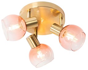 Art Deco plafondspot goud met roze glas 3-lichts - Vidro