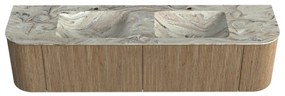 Mondiaz Kurve-dlux 180cm badmeubel ronding links/rechts dusk met 2 lades en deuren en wastafel leaf dubbel 2 kraangaten glace