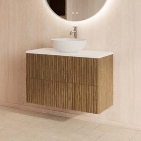 Gliss Design Hybris badkamermeubel met ribbelfront en wit glans toppaneel 80cm castle brown