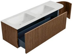 Mondiaz Kurve-dlux 145cm badmeubel ronding rechts walnut met 1 lade en deur en wastafel leaf dubbel/links zonder kraangat opalo