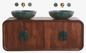 Dubbel Zwevend Badkamermeubelset 130x45 Cm Van Mangohout En Natuurlijke Kivalina-steen Groen Marmer Uit Udaipur - Donker Mangohout & 2 X Onde Groene -