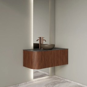 Gliss Design Alluro badmeubel ribbelfront met ronding links 100cm walnut en zwart leisteen toppaneel