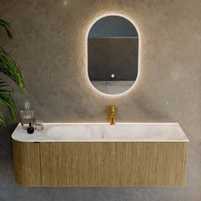 Mondiaz Kurve-dlux 145cm badmeubel ronding links dusk met 1 lade en deur en wastafel big large kraangat rechts frappe