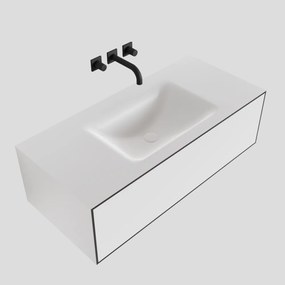 Zaro Lagom volledig naadloos solid surface onderkast 100cm mat zwart met 1 lade Push tot open. Compleet met solid surface wastafel met 0 kraangat(en)