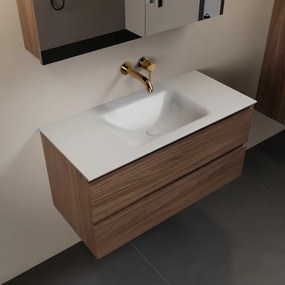 Mondiaz Aivy badmeubel 100cm mocha met wastafel solid surface talc midden zonder kraangat en spiegelkast