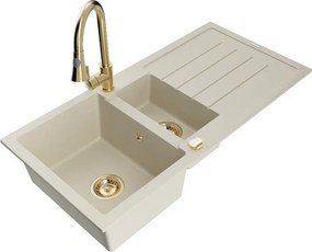 Mexen Andres granitische gootsteen 1,5-kamer met afdruiprek en keukenmengkraan Elia, beige - 6515-69-670101-50