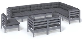 vidaXL 10-delige Loungeset met kussens massief grenenhout grijs